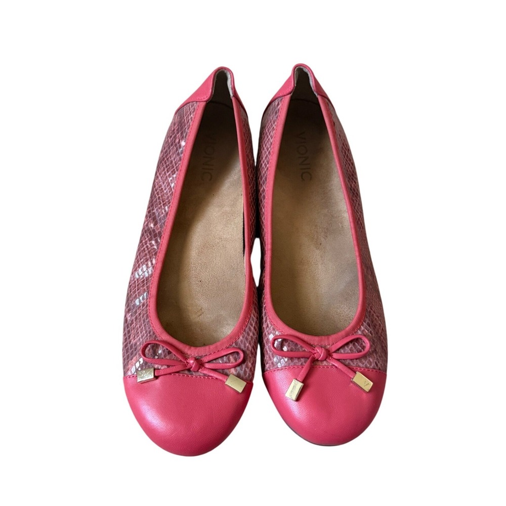 Vionic Pink Snakeskin Embossed Leather Ballet Flats Bow Detail Orthotic Size 9